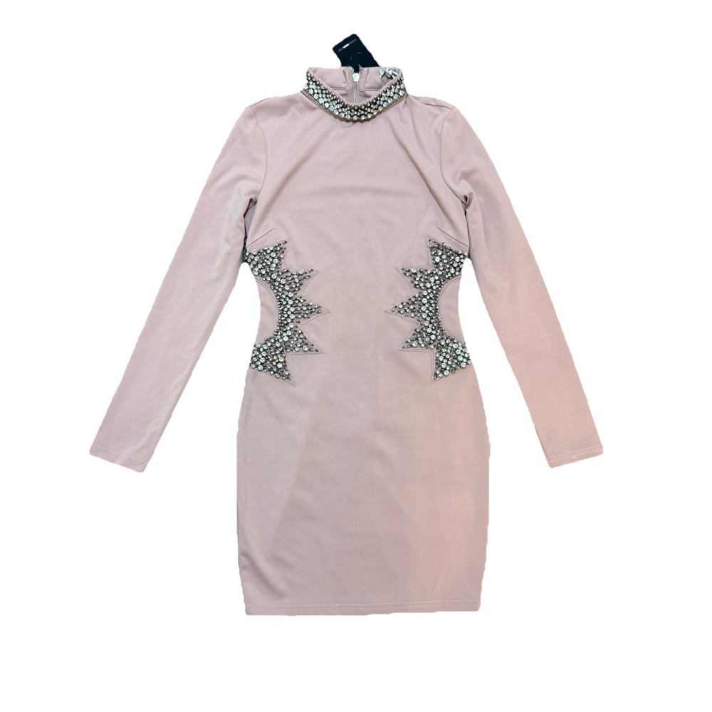 Fashion Nova NWT Crystal Rhinestone Pink Mini Dress Long Sleeve Back Zipper Sz M